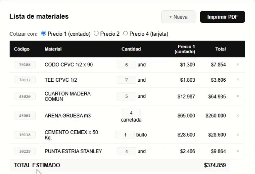 Captura de la pantalla del vendedor: lista de materiales con código, material, cantidad, precio y total estimado.